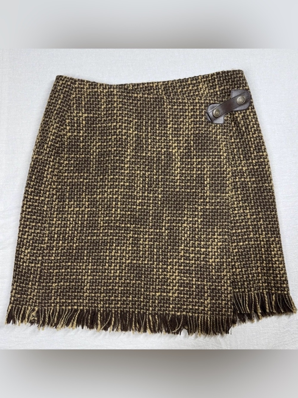 Vintage British Khaki Size 4 Brown Tweed Wool Blend Wrap Mini Skirt Fringe Hem